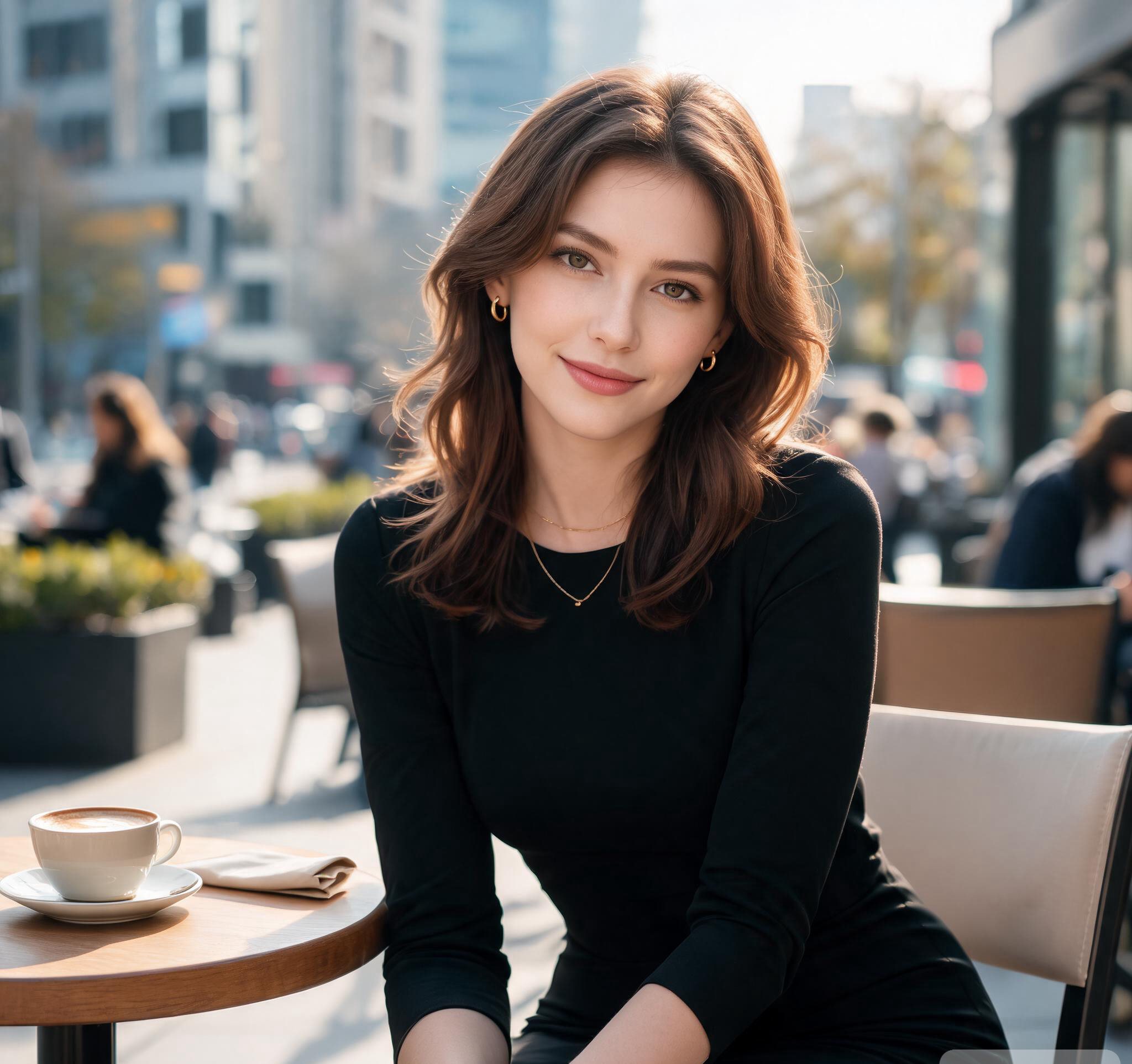 Stylish woman in a black dress at a cafe, confident and approachable